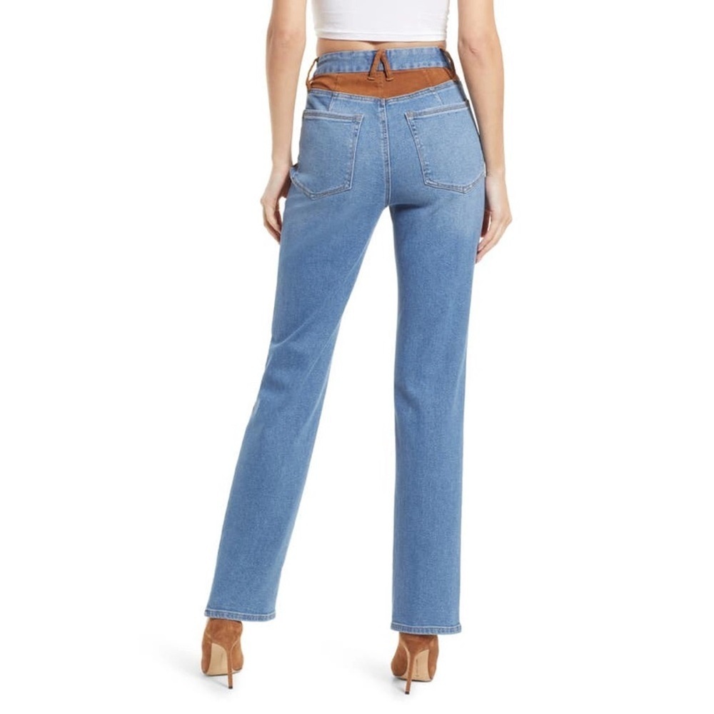 Nwt Good American Icon Mixed Media Denim & Faux Suede Pants In Indigo Western - Picture 2 of 11